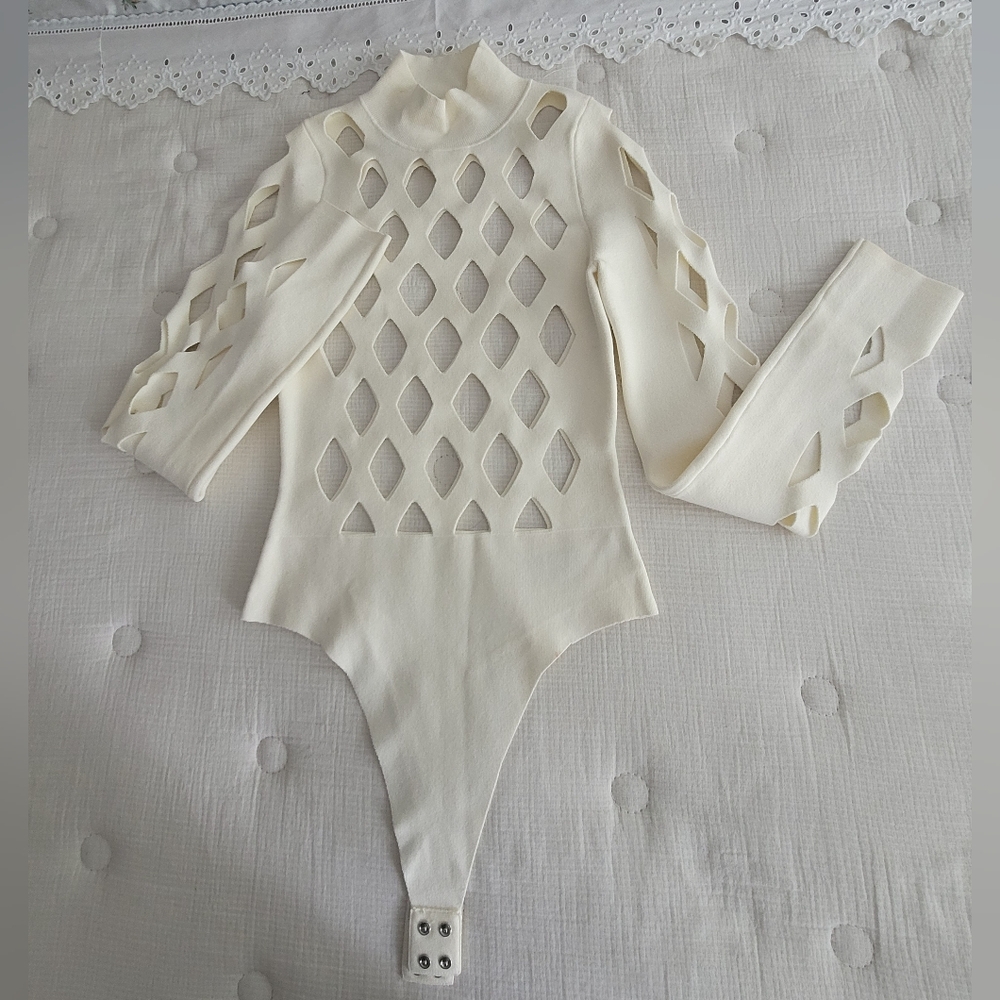 3.1 Phillip Lim Womens Cream Diamond Intarsia High Neck Bodysuit, Size L